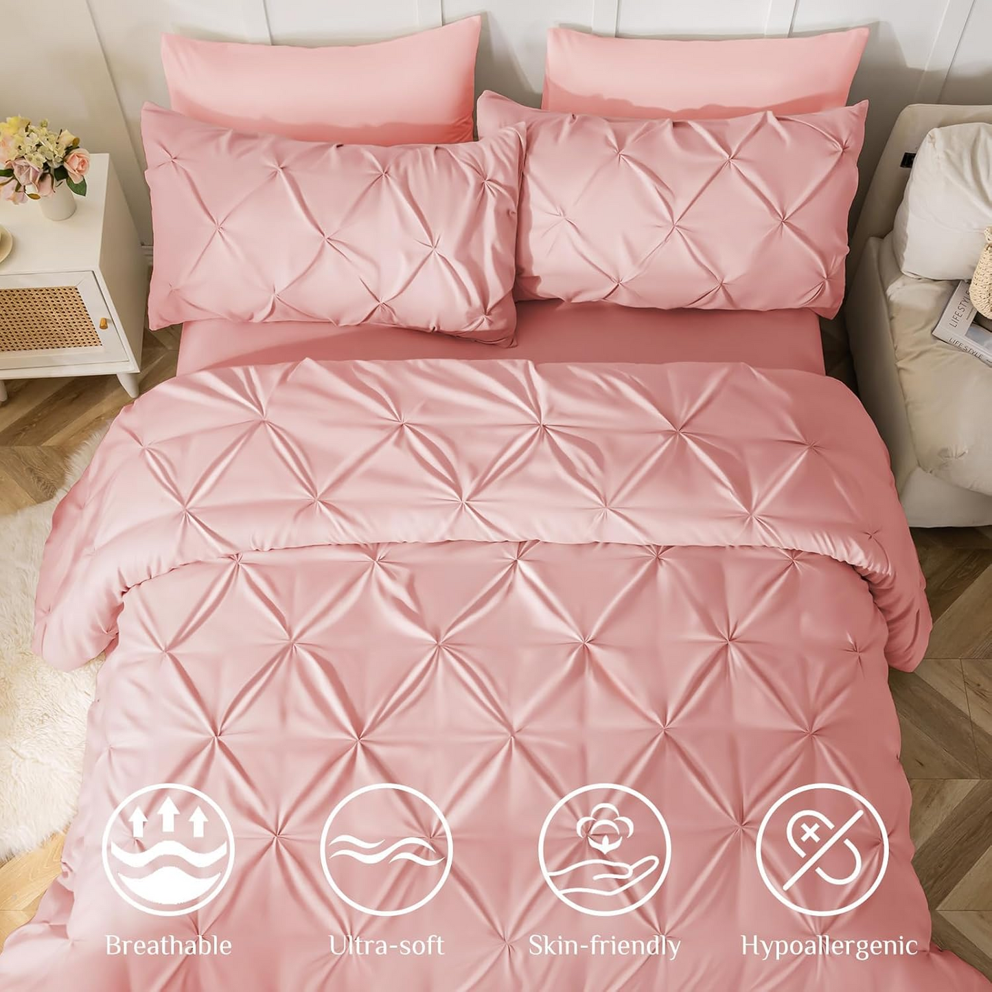 Queen Comforter Set Baby Pink - Bed in a Bag Queen Size 4 Pieces, GentleSof Pintuck Bed Set Gift for Family, Pinch Pleat Pink Comforter with Sheets, Pillowcases & Shams
