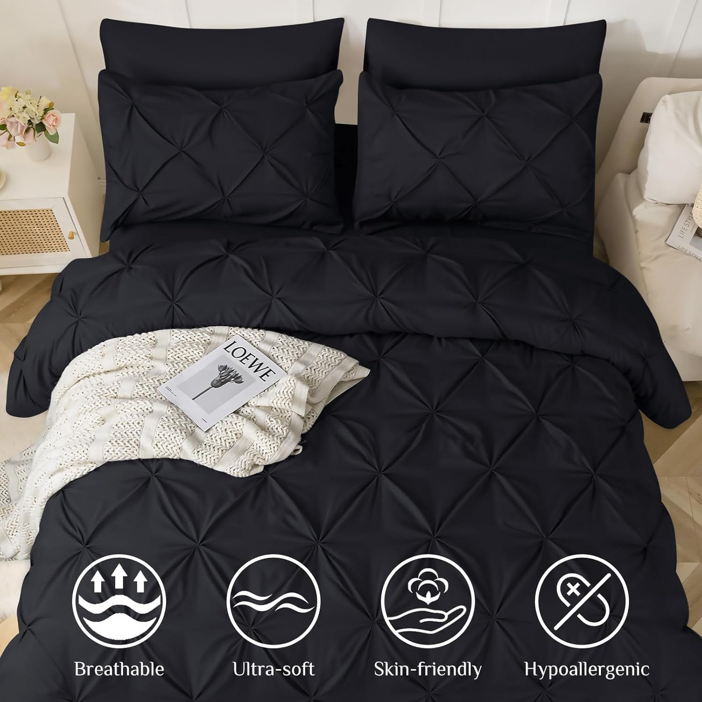 Queen Comforter Set Black - Bed in a Bag Queen Size 4 Pieces, GentleSof Pintuck Bed Set Gift for Family, Pinch Pleat Black Comforter with Sheets, Pillowcases & Shams