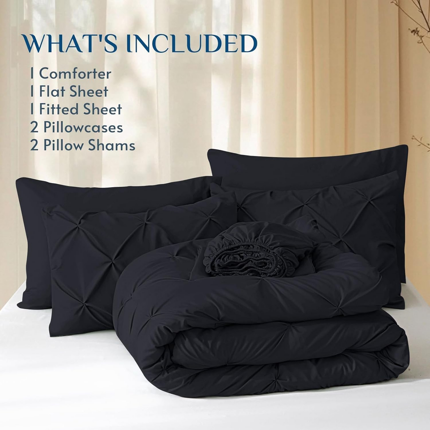 Queen Comforter Set Black - Bed in a Bag Queen Size 4 Pieces, GentleSof Pintuck Bed Set Gift for Family, Pinch Pleat Black Comforter with Sheets, Pillowcases & Shams