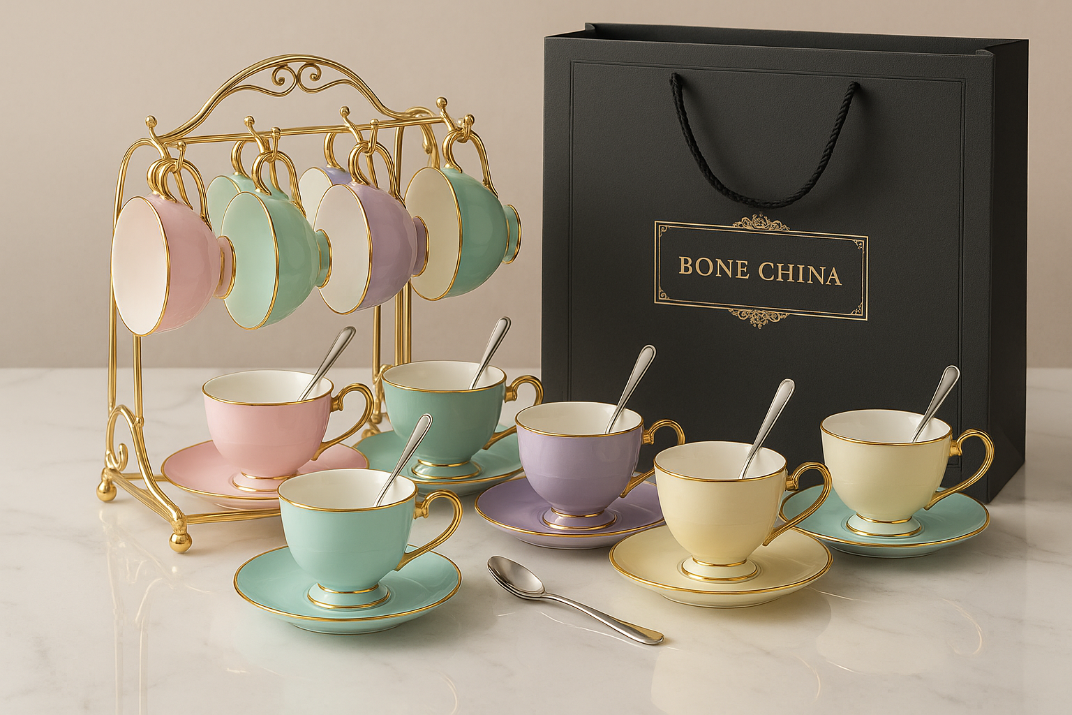 Luxury Coffee Cup and Saucer Set with Spoons and Metal Stand – 6-Piece Mixed Color Bone China Tea Cups, Elegant Gift Box with Bag for Wedding, Housewarming, or Special Occasions