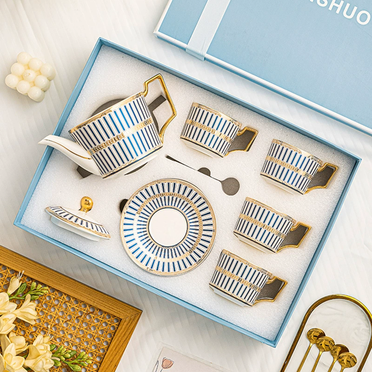 Luxury Bone China Coffee Cup Gift Set – 6-Piece Cups with Saucers, Spoons and Holder, Elegant Mixed Color Tea Set in Gift Box for Wedding or Anniversary