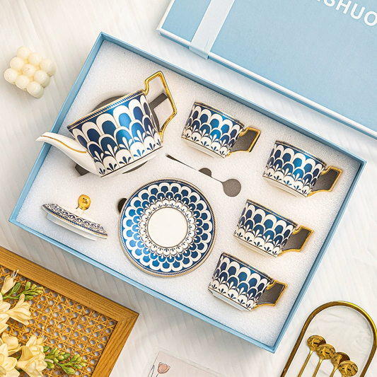 Elegant 6-Piece Coffee Cup and Saucer Set with Spoons – Bone China Tea Cups with Stand, Luxury Gift Box for Housewarming, Wedding, or Birthday