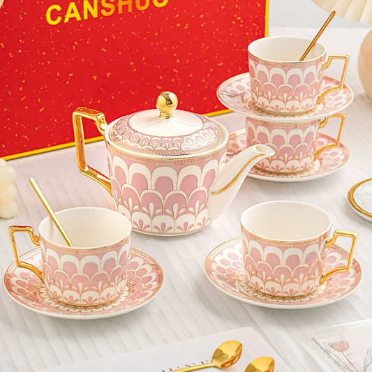 Mixed Color Bone China Coffee Cup and Saucer Set – 6-Piece Tea Cups with Spoons, Metal Rack and Gift Box, Perfect for Wedding or New Home Gift