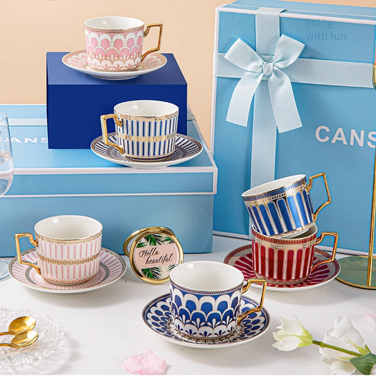 6-Piece Bone China Coffee Cup and Saucer Gift Set – Mixed Color Tea Cups with Spoons and Stand, Elegant Gift Box for Anniversary, Wedding, or Housewarming