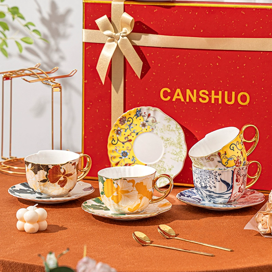 Luxury Ceramic Coffee Cup and Saucer Set – Elegant English Afternoon Tea Set with Gift Box, Perfect Wedding or Housewarming Gift