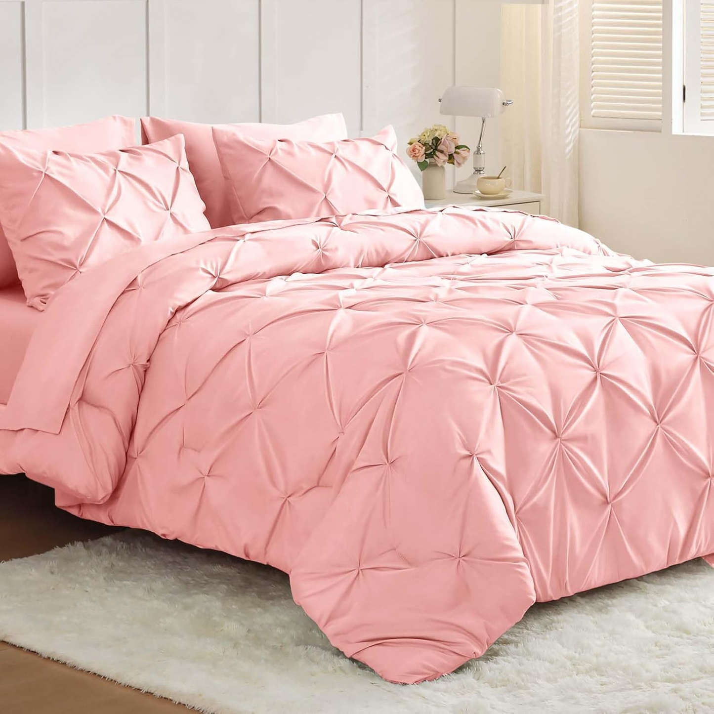 Queen Comforter Set Baby Pink - Bed in a Bag Queen Size 4 Pieces, GentleSof Pintuck Bed Set Gift for Family, Pinch Pleat Pink Comforter with Sheets, Pillowcases & Shams