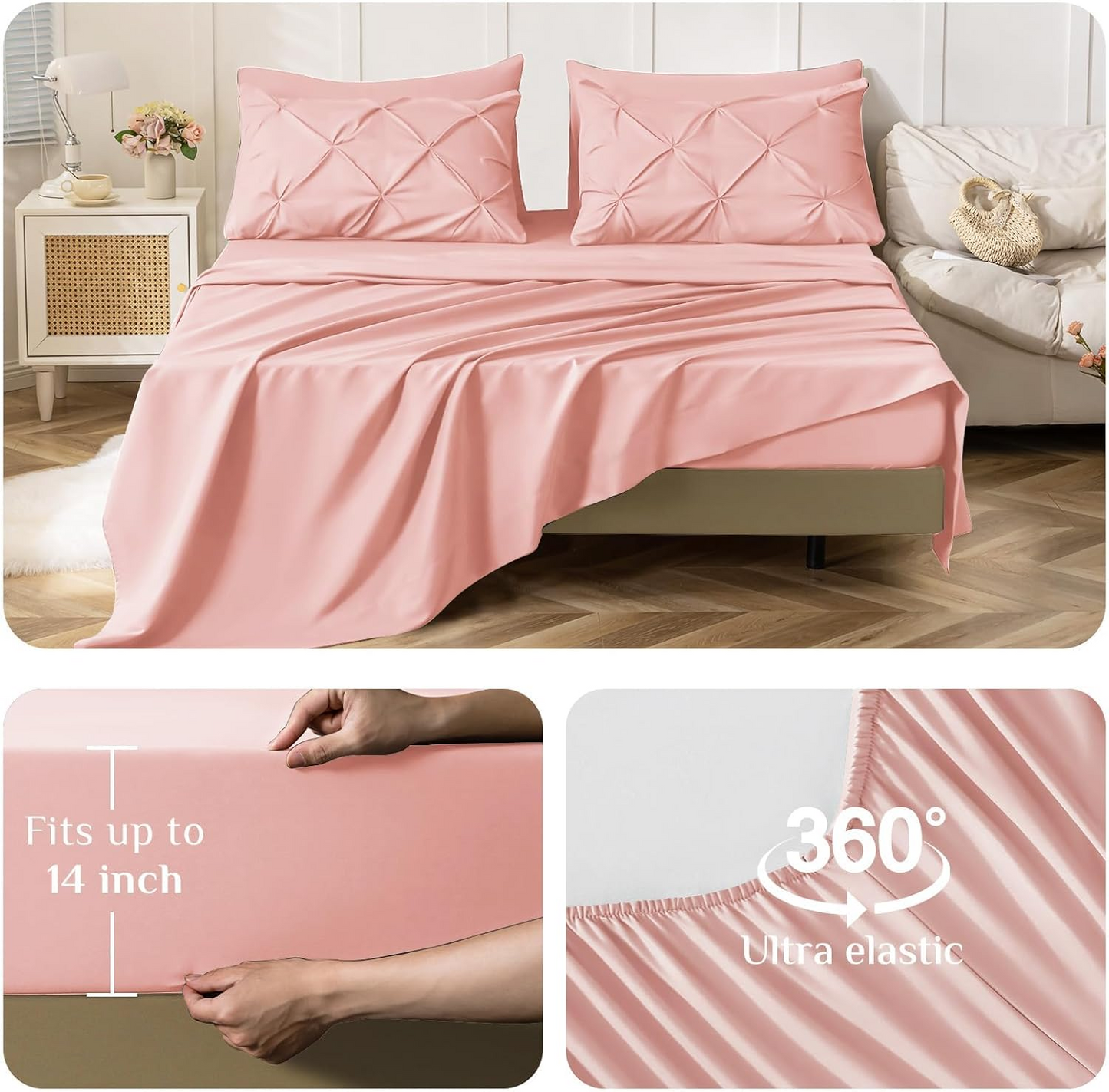 Queen Comforter Set Baby Pink - Bed in a Bag Queen Size 4 Pieces, GentleSof Pintuck Bed Set Gift for Family, Pinch Pleat Pink Comforter with Sheets, Pillowcases & Shams