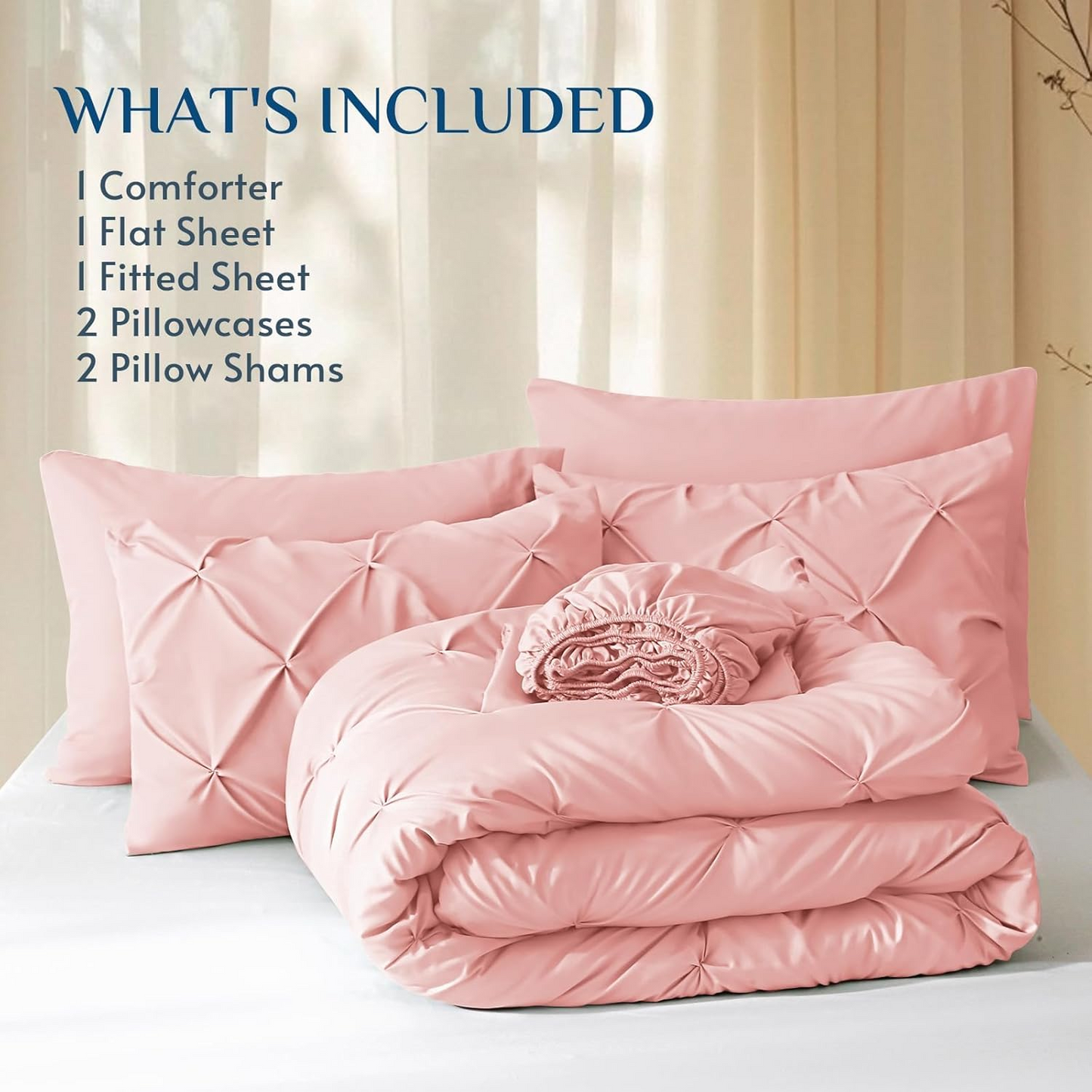 Queen Comforter Set Baby Pink - Bed in a Bag Queen Size 4 Pieces, GentleSof Pintuck Bed Set Gift for Family, Pinch Pleat Pink Comforter with Sheets, Pillowcases & Shams
