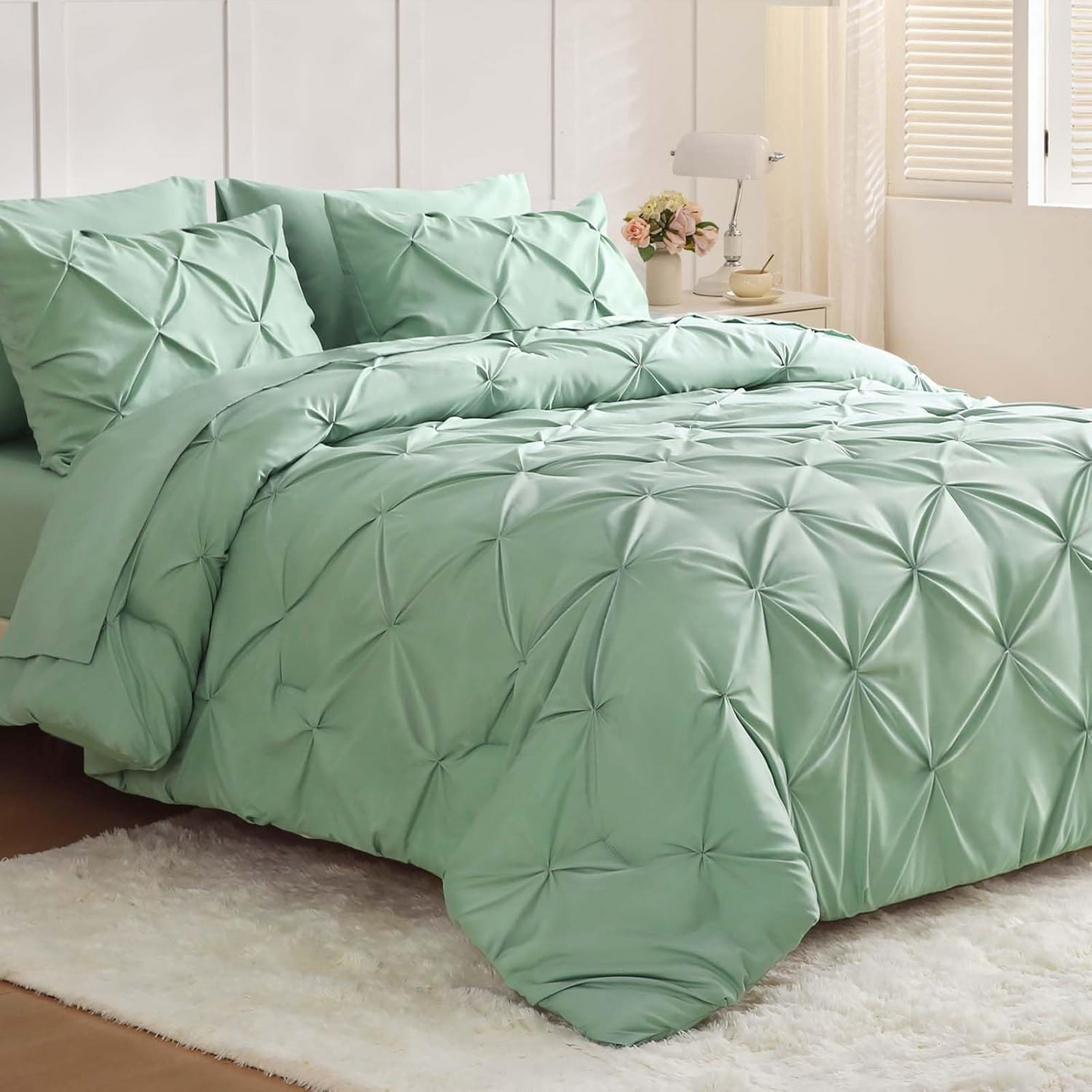 Queen Comforter Set Mint Green - Bed in a Bag Queen Size 4 Pieces, GentleSoft Pintuck Bed Set Gift for Family, Pinch Pleat Mint Green Comforter with Sheets, Pillowcases & Shams