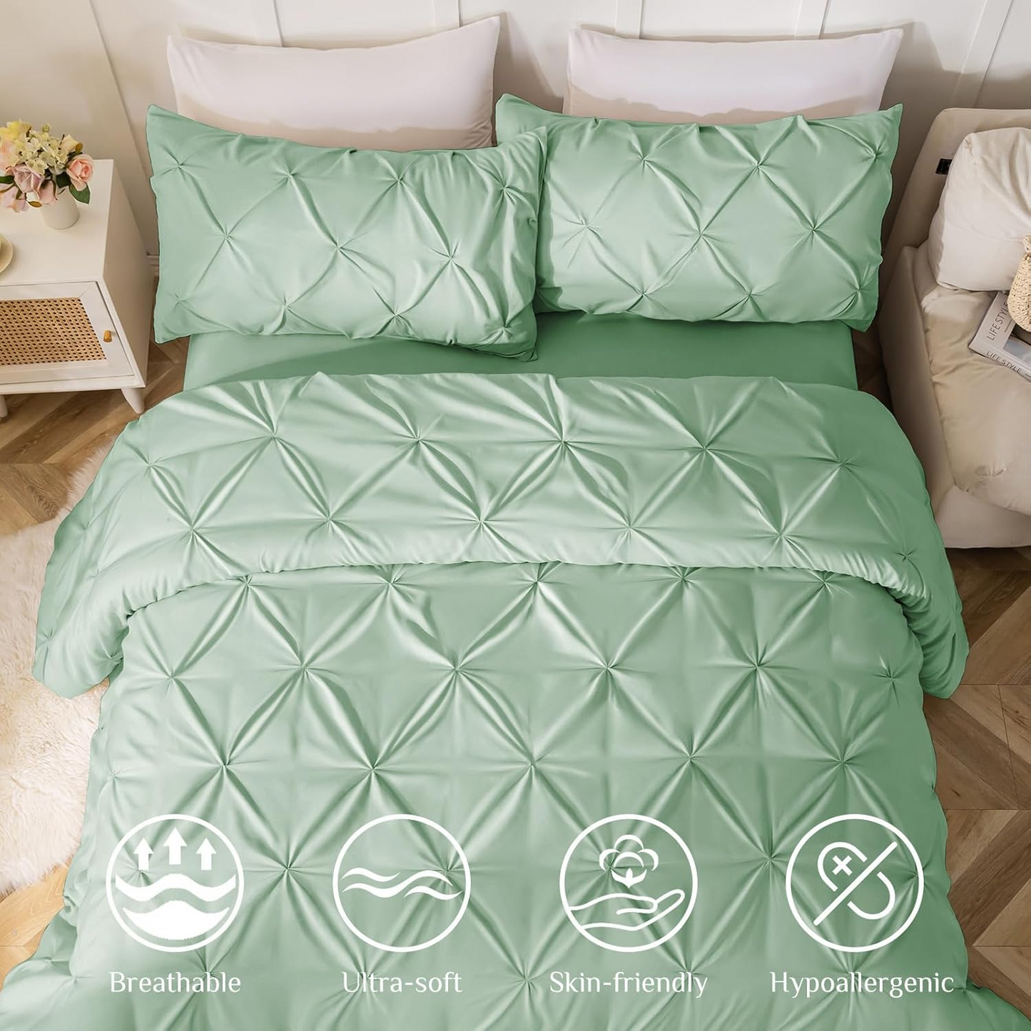 Queen Comforter Set Mint Green - Bed in a Bag Queen Size 4 Pieces, GentleSoft Pintuck Bed Set Gift for Family, Pinch Pleat Mint Green Comforter with Sheets, Pillowcases & Shams