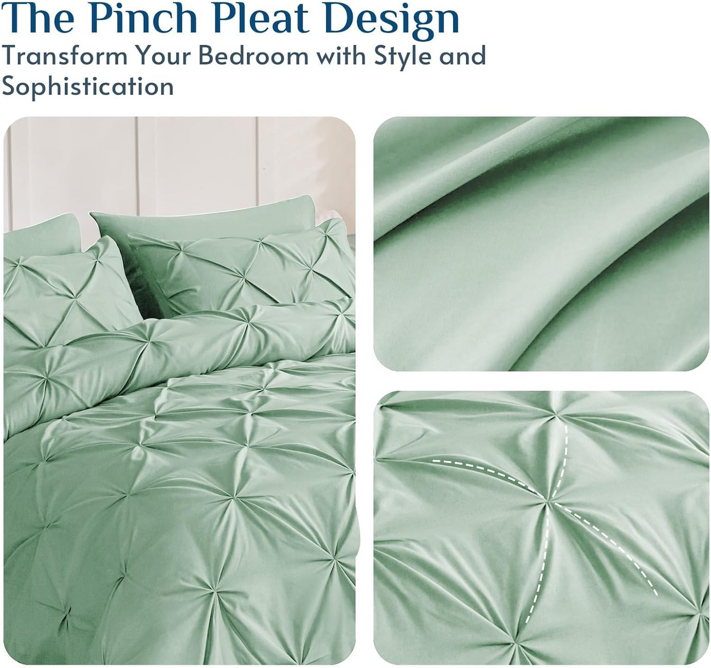 Queen Comforter Set Mint Green - Bed in a Bag Queen Size 4 Pieces, GentleSoft Pintuck Bed Set Gift for Family, Pinch Pleat Mint Green Comforter with Sheets, Pillowcases & Shams