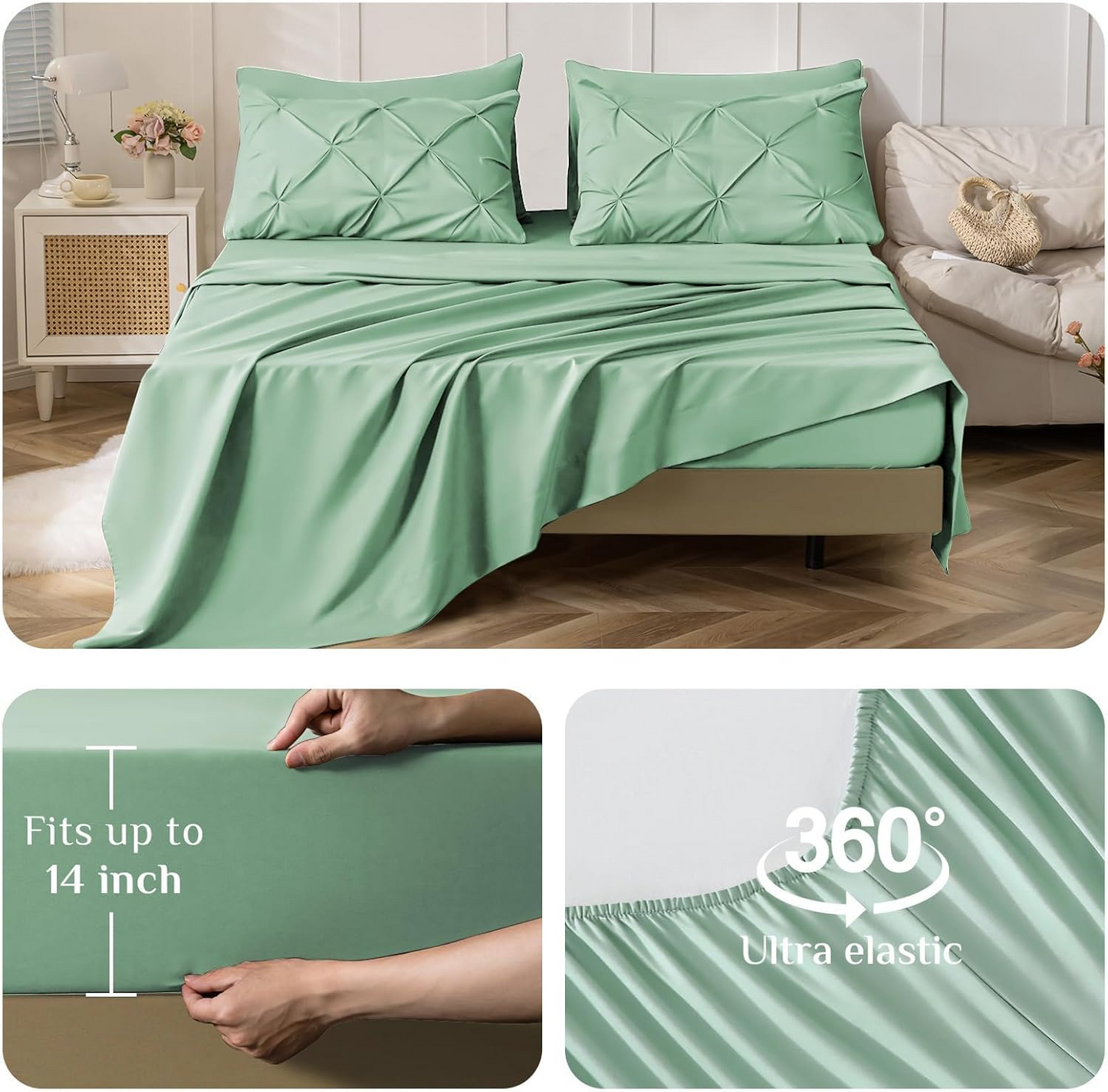 Queen Comforter Set Mint Green - Bed in a Bag Queen Size 4 Pieces, GentleSoft Pintuck Bed Set Gift for Family, Pinch Pleat Mint Green Comforter with Sheets, Pillowcases & Shams