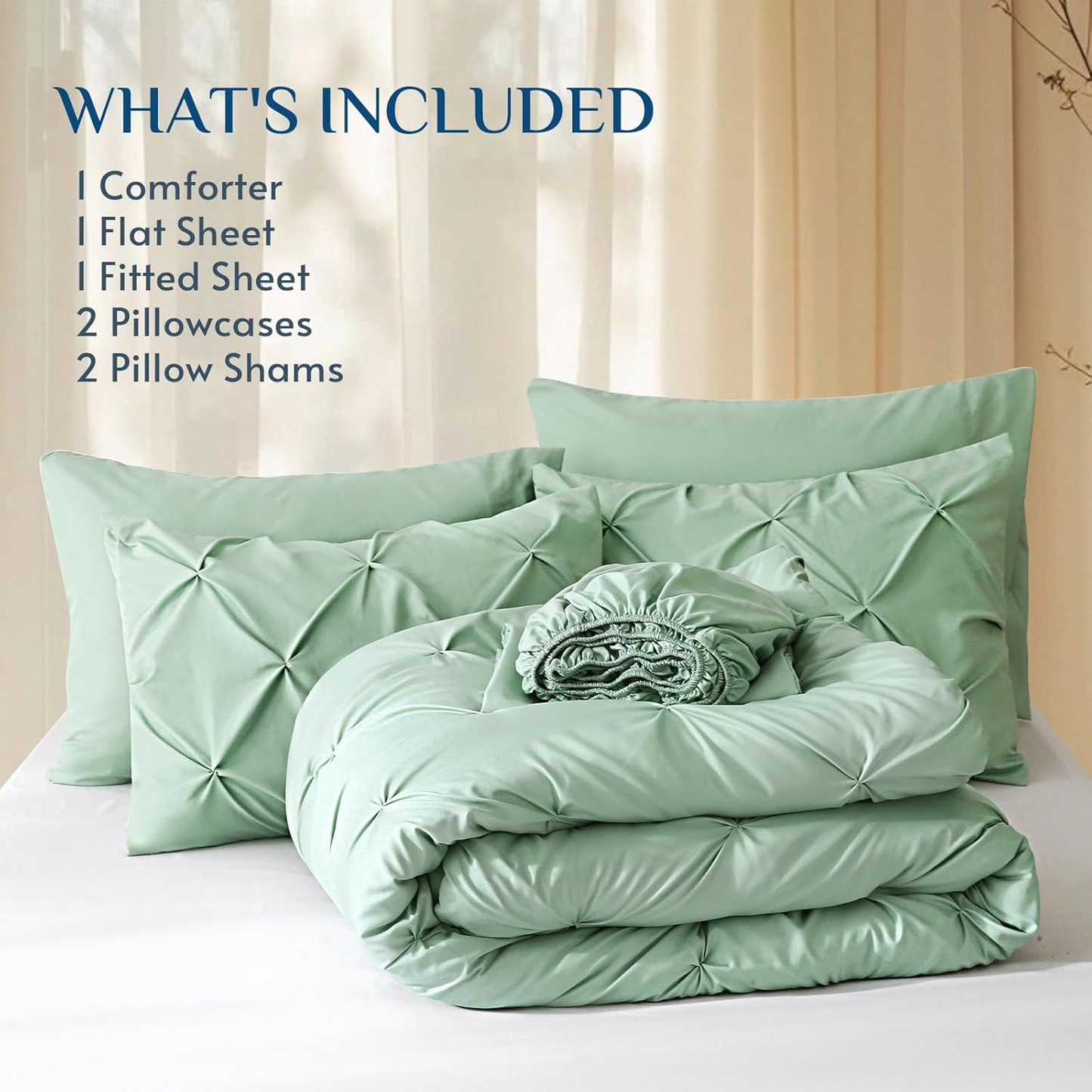 Queen Comforter Set Mint Green - Bed in a Bag Queen Size 4 Pieces, GentleSoft Pintuck Bed Set Gift for Family, Pinch Pleat Mint Green Comforter with Sheets, Pillowcases & Shams