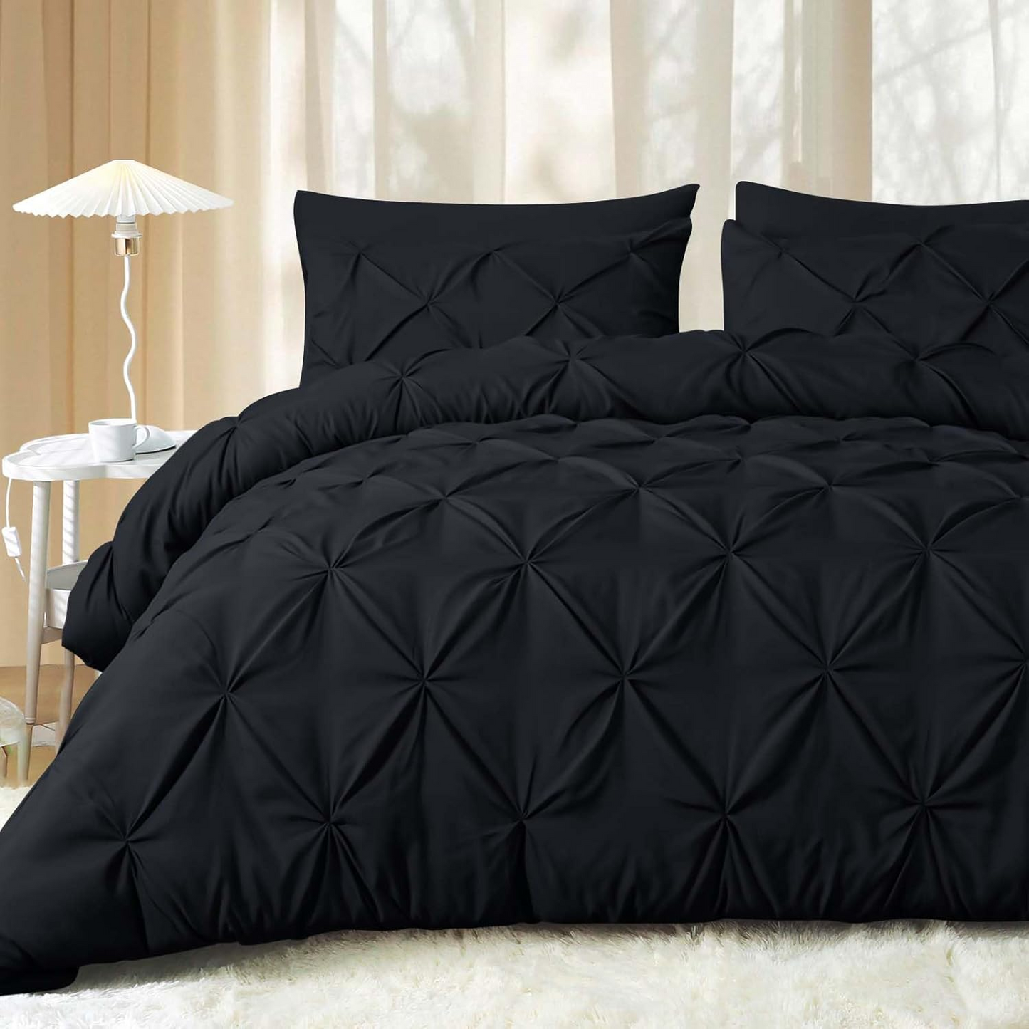 Queen Comforter Set Black - Bed in a Bag Queen Size 4 Pieces, GentleSof Pintuck Bed Set Gift for Family, Pinch Pleat Black Comforter with Sheets, Pillowcases & Shams