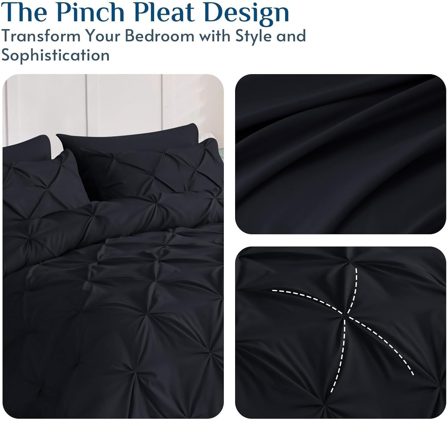 Queen Comforter Set Black - Bed in a Bag Queen Size 4 Pieces, GentleSof Pintuck Bed Set Gift for Family, Pinch Pleat Black Comforter with Sheets, Pillowcases & Shams