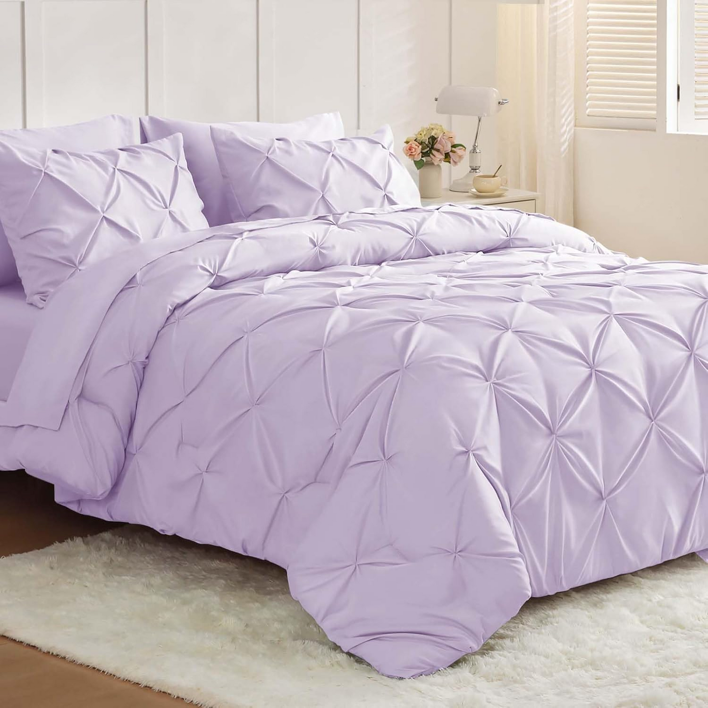 Queen Comforter Set Light Purple - Bed in a Bag Queen Size 4 Pieces, GentleSoft Pintuck Bed Set Gift for Family, Pinch Pleat Light Purple Comforter with Sheets, Pillowcases & Shams