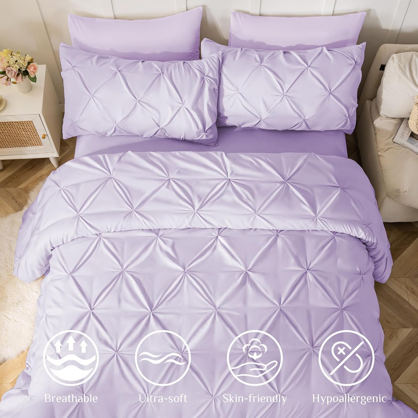 Queen Comforter Set Light Purple - Bed in a Bag Queen Size 4 Pieces, GentleSoft Pintuck Bed Set Gift for Family, Pinch Pleat Light Purple Comforter with Sheets, Pillowcases & Shams