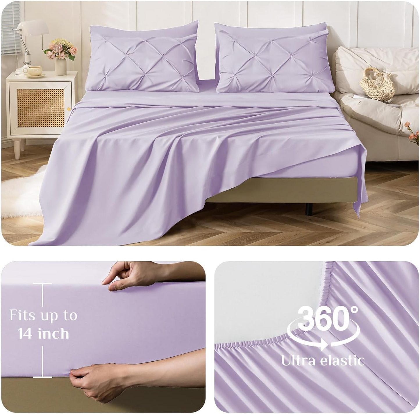 Queen Comforter Set Light Purple - Bed in a Bag Queen Size 4 Pieces, GentleSoft Pintuck Bed Set Gift for Family, Pinch Pleat Light Purple Comforter with Sheets, Pillowcases & Shams