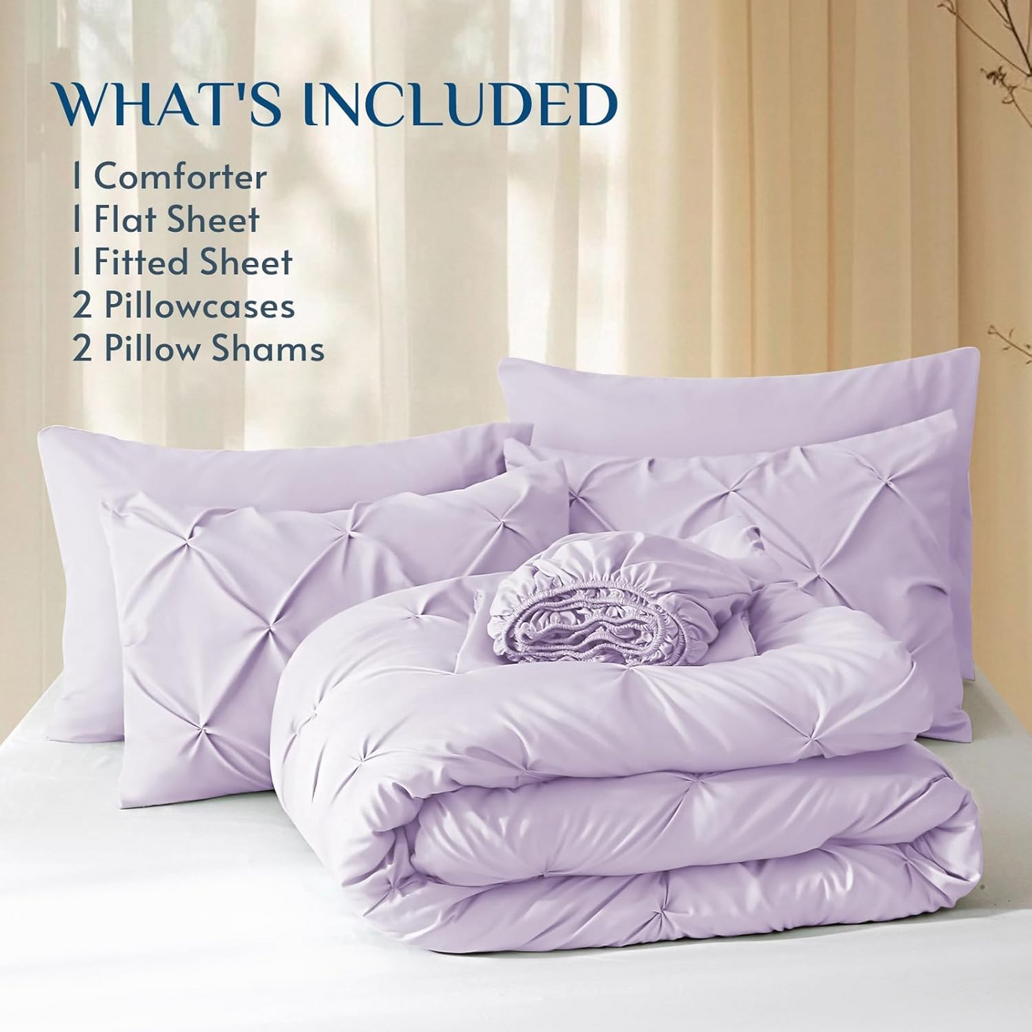 Queen Comforter Set Light Purple - Bed in a Bag Queen Size 4 Pieces, GentleSoft Pintuck Bed Set Gift for Family, Pinch Pleat Light Purple Comforter with Sheets, Pillowcases & Shams